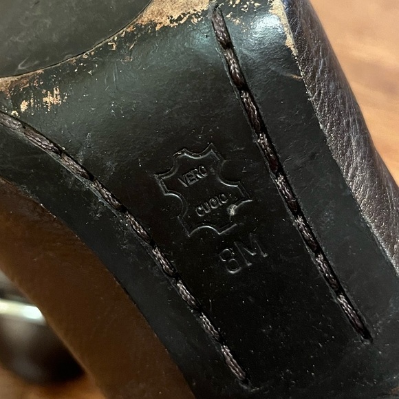 MICHAEL Michael Kors antique gold bronze leather wood stacked heels w/ buckle 8 - Picture 11 of 12